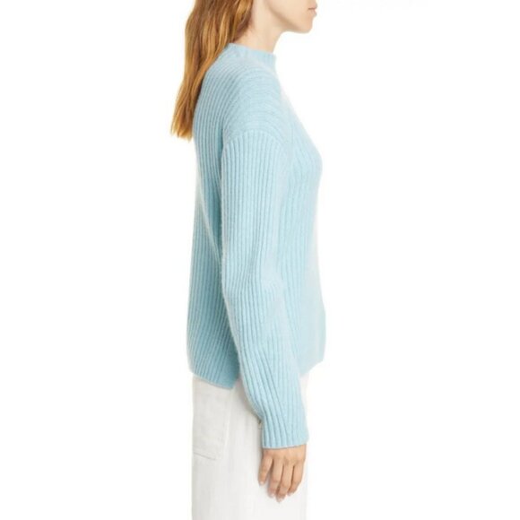 💕VINCE💕 Ribbed Mock Neck Wool Cashmere Blend Sweater ~ Heather Aria Blue M NWT - Picture 7 of 16